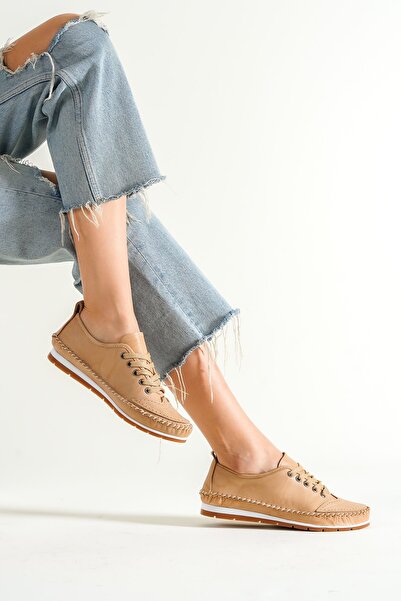 Deripabuc Genuine Leather Beige Women's Leather Ballerinas Dp16-0061