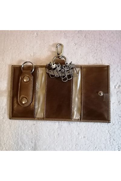Bond Unisex Genuine Leather Beige Color 3 Hidden Compartments 6 Silver Hook Belt Strap Keychain
