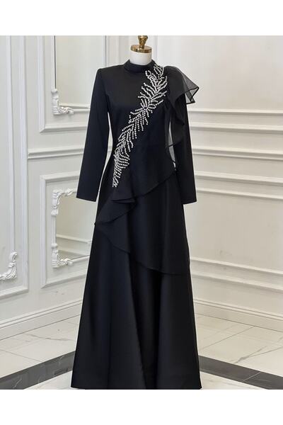 Melissa Kadın Siyah Saten Taş Işlemeli Organze Detaylı Abiye