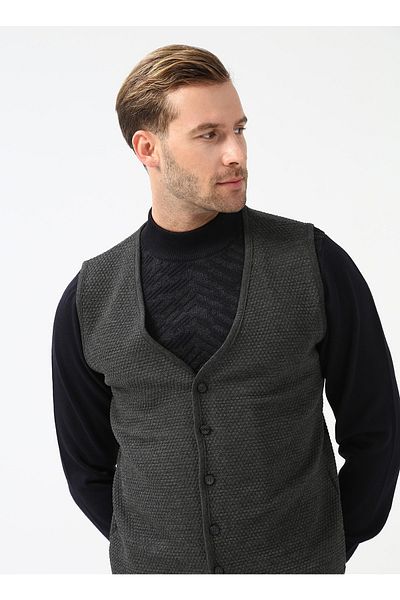 SÜVARİ V-Neck Quilted Anthracite Men's Sweater Tr2013700297