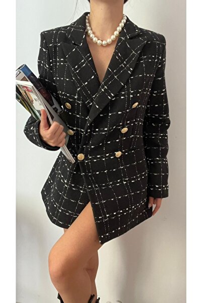 Pubblica Women's Black Plaid Pattern Button Detail Lined Double Breasted Collar Tweed Fabric Blazer Jacket