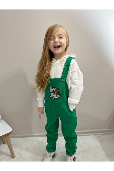 Pink Hippo Kids Unisex Tom And Jerry Embroidery Detailed Children's Overalls And Hooded Sweatshirt
