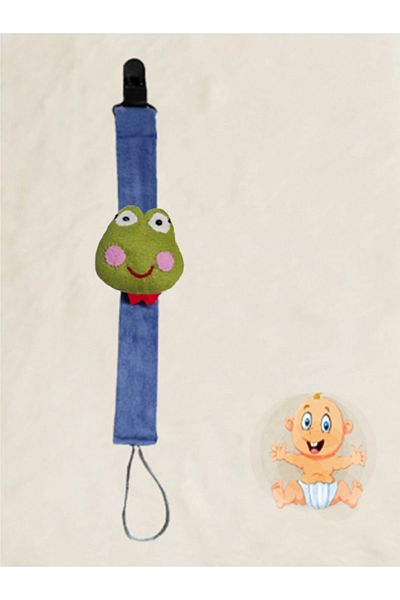 CEBECİ TİCARET Pacifier Strap Chain Set Pacifier Holder Baby Gift Natural Fabric 25 cm Indego Blue Green Frog
