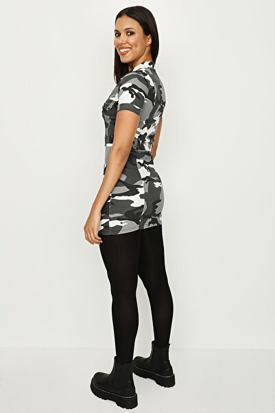 Select Moda Γυναικείο τζιν φόρεμα με γκρι καμουφλάζ με φερμουάρ και ζώνη