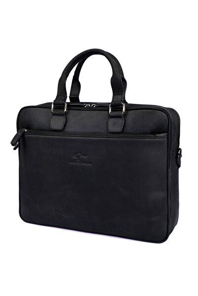 KANGAROO KINGDOM حقيبة كمبيوتر محمول ومستندات للرجال باللون الأسود من جلد البقر الأصلي Crazy Horse 7763-zs