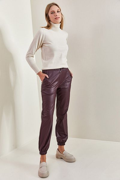 Bianco Lucci Women's Leather Trousers with Elastic Waist and Leg Legs
