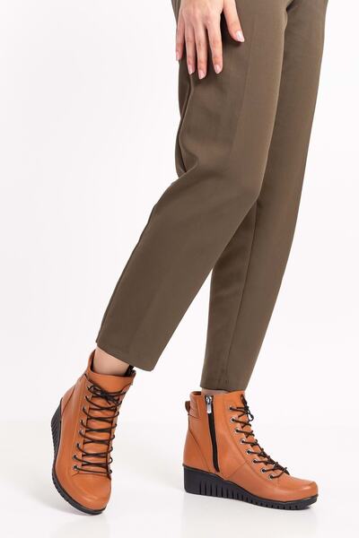 Gondol Kadın Hakiki Deri Kaymaz Dolgu Topuk Fermuarlı Bot Esfa.2451 - Taba - 40