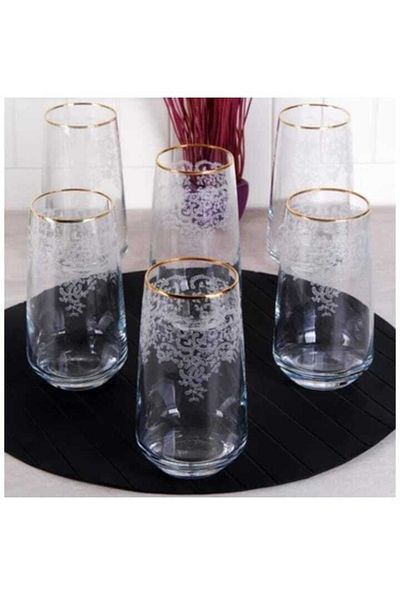 P H Panayır Home Luxury Lace Gold Gilded Water Soft Drink Glass Set for 6 People