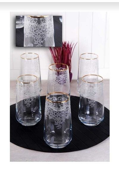 P H Panayır Home Luxury Lace Gold Gilded Water Soft Drink Glass Set for 6 People