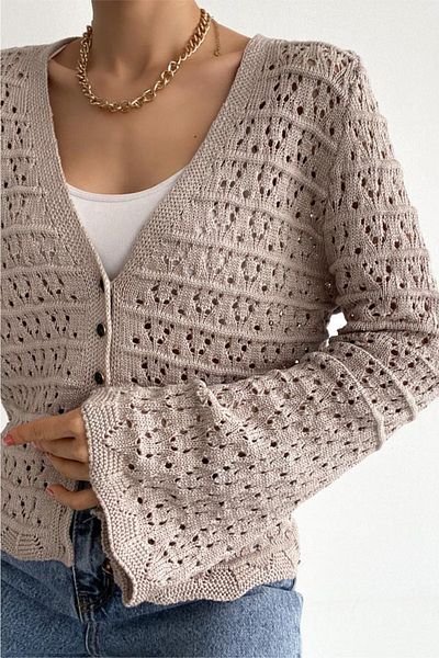 FEMELLE Cardigan de damă, mărime standard, cu nasturi, ajurat, detaliat