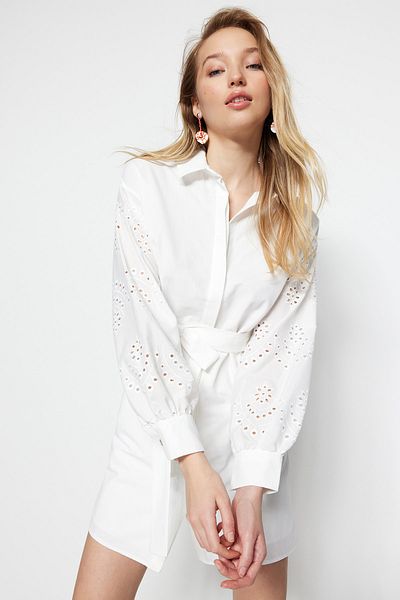 Trendyol Collection Ecru Belted Mini Woven Embroidery Sleeve Detailed Woven Dress TWOSS23EL00297