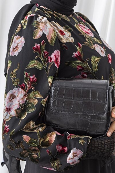 vuvutasarım Astarlı Şifon Kumaş Çiçek Desenli Kadife Dokulu Midi Boy Tesettür Abiye Elbise 5971