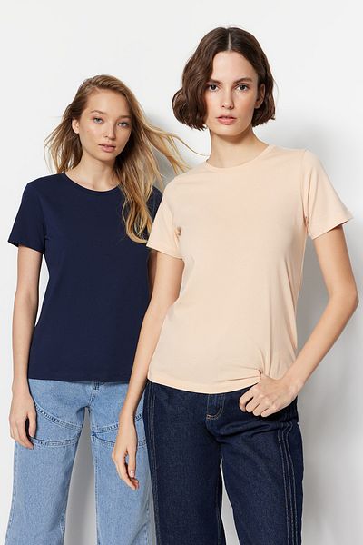 Trendyol Collection Basic Crew nyakú kötött póló - 100% pamut, sötétkék-bézs, 2 csomagos TWOSS20TS0141