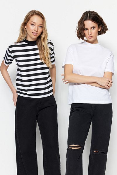 Trendyol Collection Pletené tričko s bílo-černo-bílým pruhovaným 2-balením základního stojáčku TWOSS20TS1500