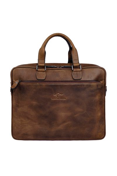 KANGAROO KINGDOM حقيبة كمبيوتر محمول وحقيبة يد للرجال من جلد العجل الأصلي Crazy Horse Dark Camel 7763-zkc