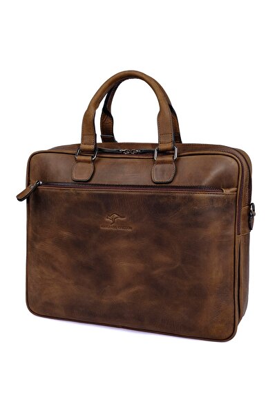 KANGAROO KINGDOM حقيبة كمبيوتر محمول وحقيبة يد للرجال من جلد العجل الأصلي Crazy Horse Dark Camel 7763-zkc