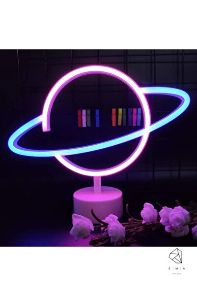 Ema Dükkan Gezegen Neon Led Işıklı Usb'li Gece Lambası Pilli Neon Led Işıklı Masa Lambası Dekoratif Aydınlatma