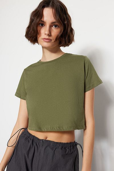 Trendyol Collection Khaki-White 2 Pack 100% Cotton Crop Crew Knitted T-shirt TWOSS20TS1480
