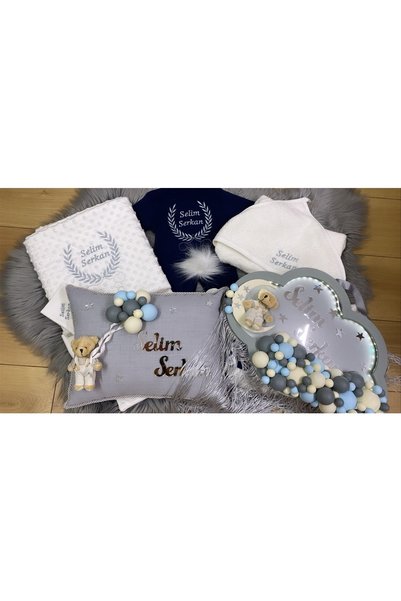 Jaju Baby Isim Işlemeli Lacivert Gri Kombineli Bebek Yeni Doğan Set