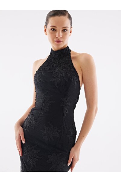 Juste Studio Чорна мереживна сукня міді з коміром-хомутом на спині