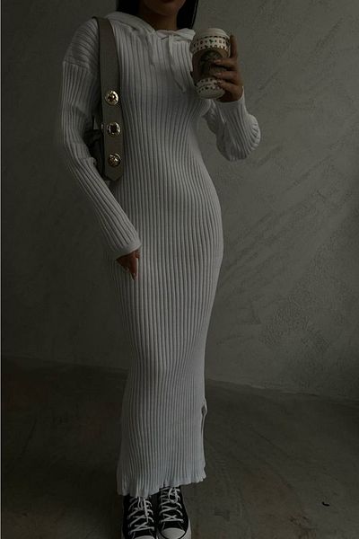 lovebox Rochie albă pentru femei, cu glugă, cu fantă, lungime maxi, cu nervuri 6670