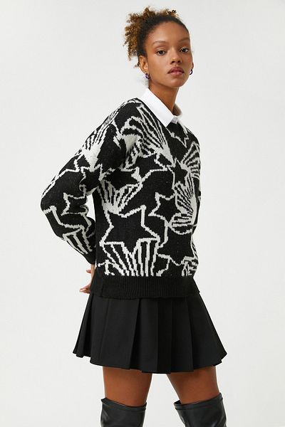 Koton Knitted Sweater Round Neck Long Sleeve Star Pattern