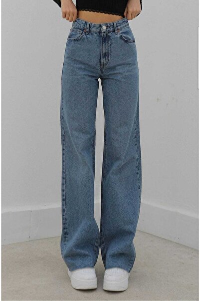 Livik Ruslana Power Жіночі брюки з лікрами, середньої довжини, світло-сині, з високою талією, широкими штанинами та широкими манжетами, джинсові брюки