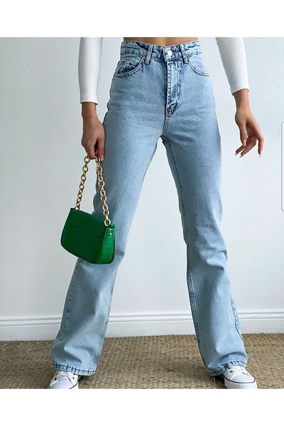Livik Luiss Litt 90's Blue Power Lycra Pantaloni de damă cu talie super înaltă, cu picioare largi, blugi largi