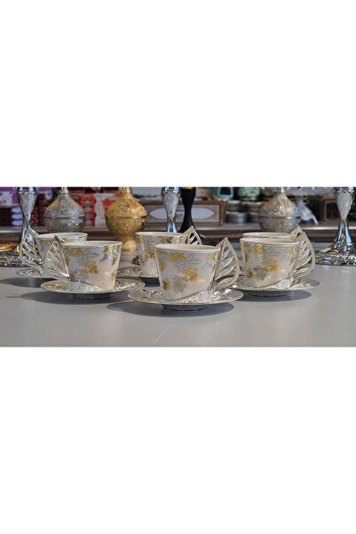 Sena Yaprak Çiçek Desenli 6lı Kahve Fincanı Gümüş
