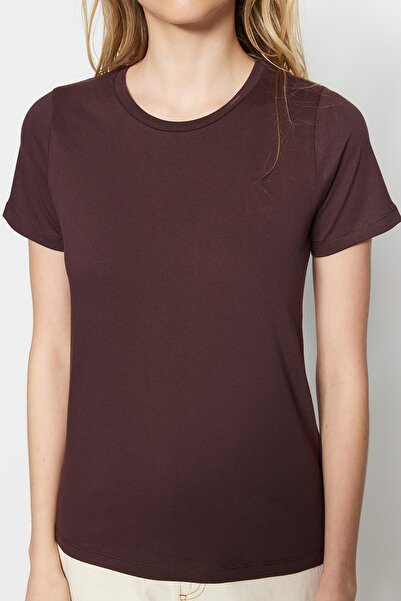 Trendyol Collection Hnědo-béžová 100% bavlna 2-balení Základní pletené tričko s výstřihem TWOSS20TS0141