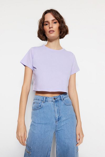 Trendyol Collection Navy Blue-Lilac 2 Pack 100% bavlna Crop Crew Pletené tričko TWOSS20TS1480