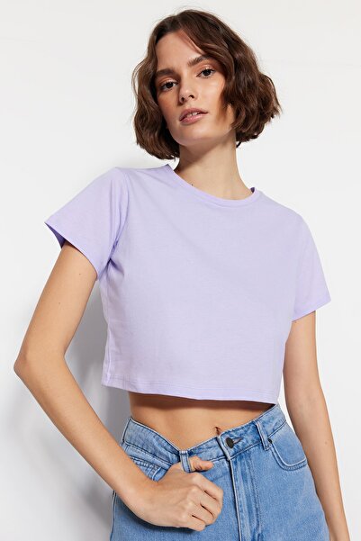 Trendyol Collection Sötétkék-lila 2 csomag 100% pamut Crop Crew nyakú kötött póló TWOSS20TS1480