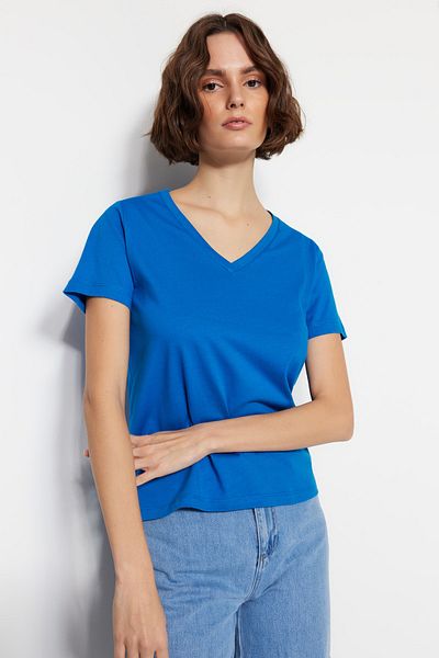 Trendyol Collection Pomarańczowo-Sax 100% bawełny Podstawowy 2-pak dzianinowy T-shirt z dekoltem w kształcie litery V TWOSS23TS00002