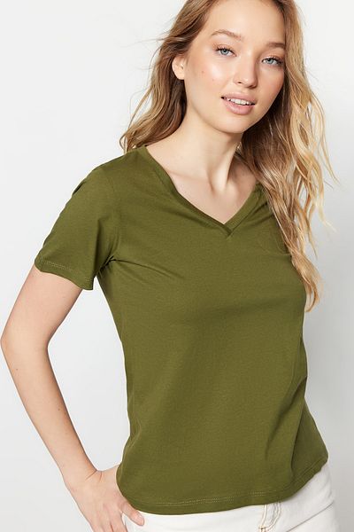 Trendyol Collection Khaki-béžová 100% bavlna 2-balení základní pletené tričko s výstřihem do V TWOSS23TS00002