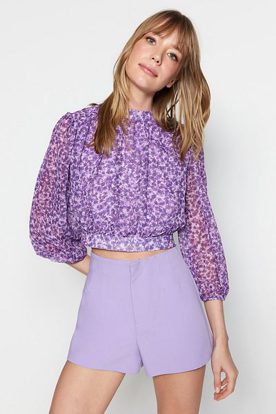 Trendyol Collection Purple Floral Crop High Collar Woven Blouse TWOSS23BZ00397