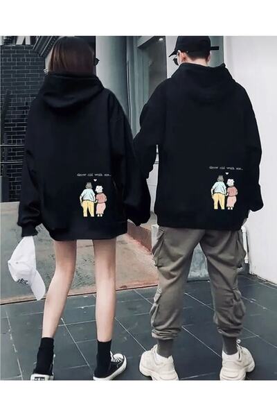 VBSVİBES Unisex Oversize Black Grow Old With Me Printed 2-Piece Lover Combina...