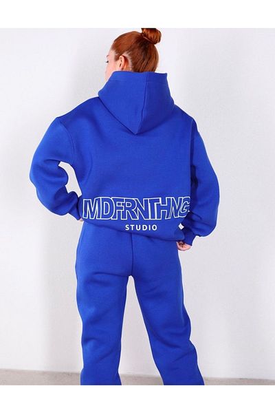 BE QUEEN Hooded Mdfrnthng Studio Back Printed 3 Thread Χοντρό χειμερινό σετ γυναικεία φόρμας oversize
