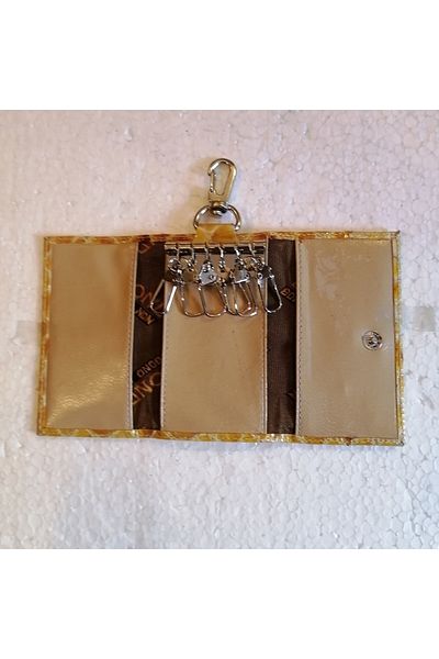Bond Unisex Genuine Leather Patent Leather Yellow Snake Print Keychain with 3 Hidden Compartments and 6 Silver Hooks