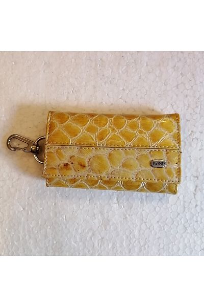 Bond Unisex Genuine Leather Patent Leather Yellow Snake Print Keychain with 3 Hidden Compartments and 6 Silver Hooks