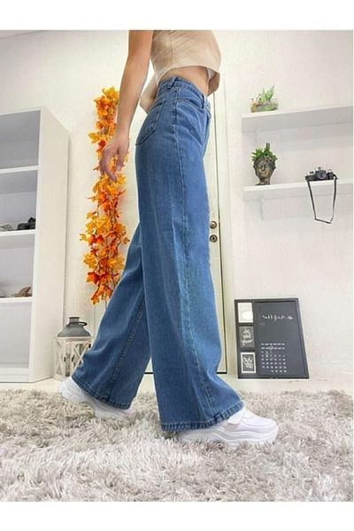 Livik Pantaloni de damă Lora Power Lycra, albaștri, cu talie înaltă, cu picioare largi