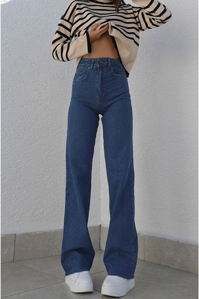 Livik Pantaloni de damă Elena Power Lycra, albastru deschis mediu, spălat cu zăpadă, talie înaltă, picior largi, blugi largi