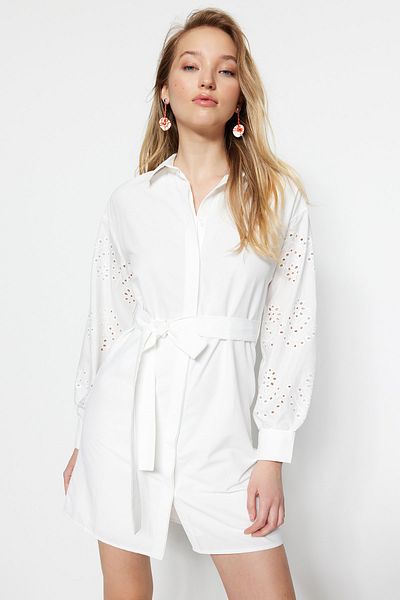 Trendyol Collection Ecru Belted Mini Woven Embroidery Sleeve Detailed Woven Dress TWOSS23EL00297