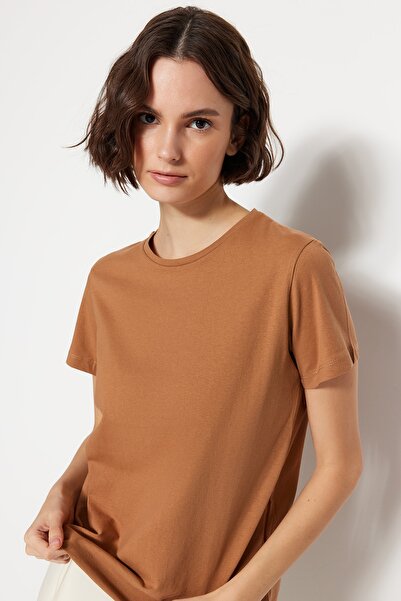 Trendyol Collection Velbloudí bílá 100% bavlna 2-balení Základní pletené tričko s výstřihem TWOSS20TS0141