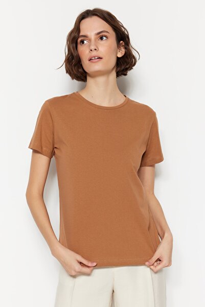 Trendyol Collection Velbloudí bílá 100% bavlna 2-balení Základní pletené tričko s výstřihem TWOSS20TS0141