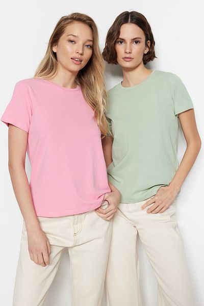 Trendyol Collection Pink-Mint 2er-Pack T-Shirts aus 100 % Baumwolle mit Rundhalsausschnitt – TWOSS20TS0141