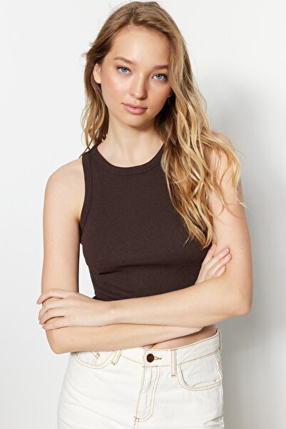 Trendyol Collection Hnědo-oranžové 2-balení Fitted/Fitted Crop Corded Stretch pletené tílko TWOSS21AL0058