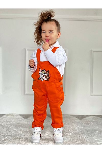 Pink Hippo Kids Unisex Tom And Jerry Embroidery Detailed Children's Overalls And Hooded Sweatshirt