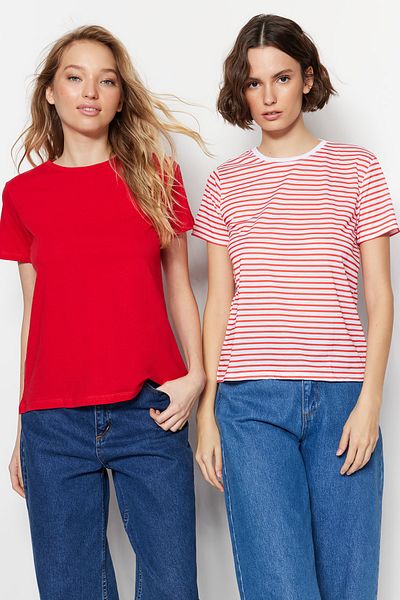 Trendyol Collection 2 csomagos piros-piros csíkos nyakú kötött póló - TWOSS20TS0141