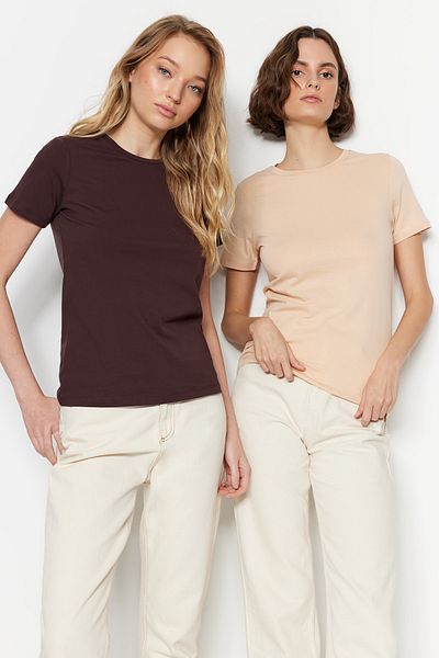 Trendyol Collection Hnědo-béžová 100% bavlna 2-balení Základní pletené tričko s výstřihem TWOSS20TS0141