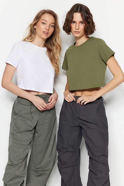 Trendyol Collection Khaki-White 2 Pack 100% Cotton Crop Crew Knitted T-shirt TWOSS20TS1480